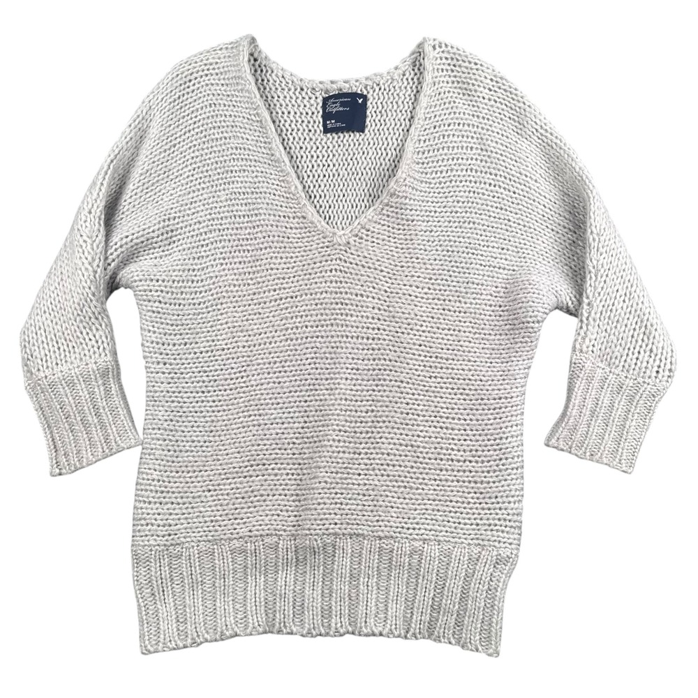 American Eagle Outfitters‎ Chunky Knit V Neck Sweater Light Gray M M 598